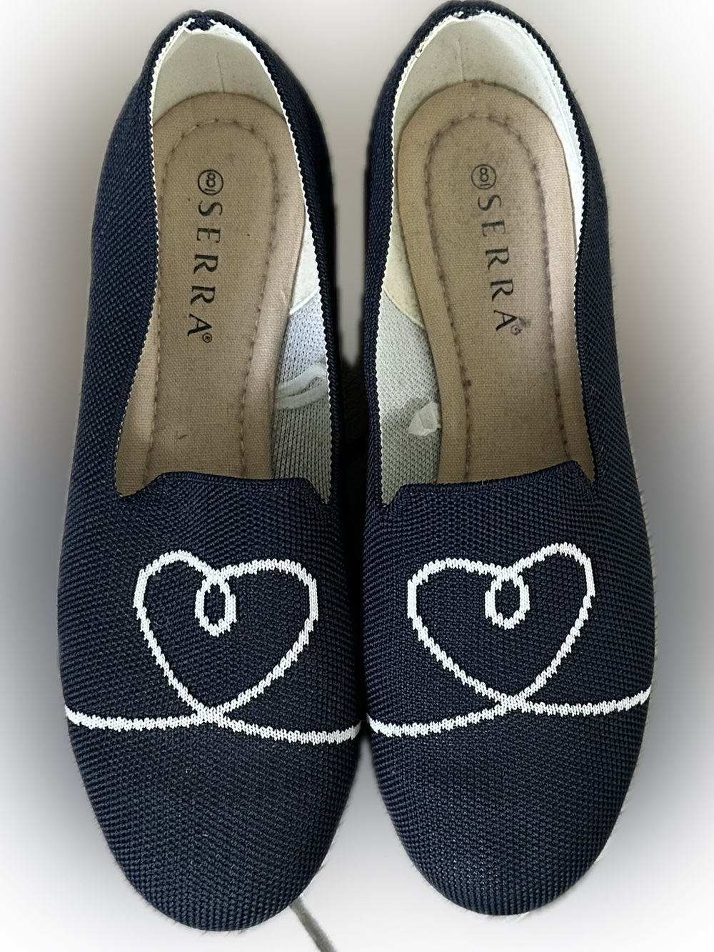 Serra Navy Knit Slip-On Flats with White Heart Stitching
